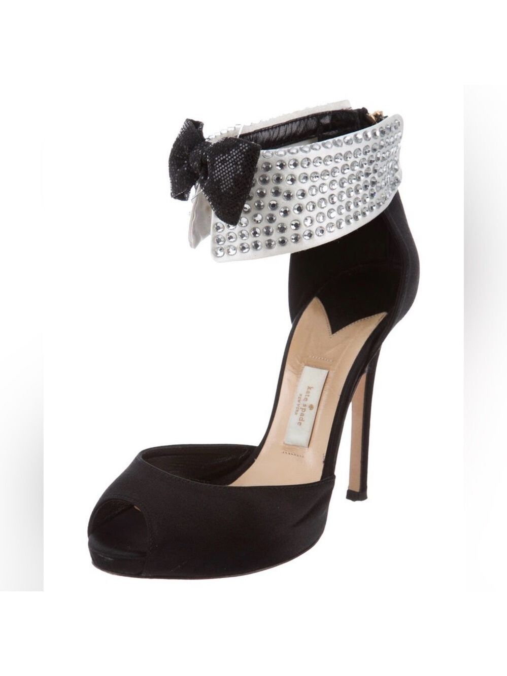 KATE SPADE BLACK TIE TUXEDO D’ORSAY BLACK SATIN RHINESTONE BOW HEELS SIZE 8